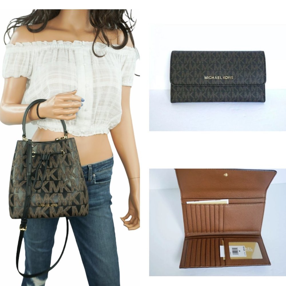 Michael Kors Suri Medium Bucket Xbody + Trifold Wallet Set MK Brown Black